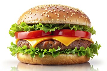 Juicy beef patty, crispy lettuce, tomato, cheese, and sesame seed bun assemble a mouthwatering illustration of a classic American-style hamburger, bursting with flavor and appetite appeal.