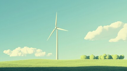 Obraz premium Simple flat art style wind turbine on a green field, symbolizing sustainable energy and a clean future.