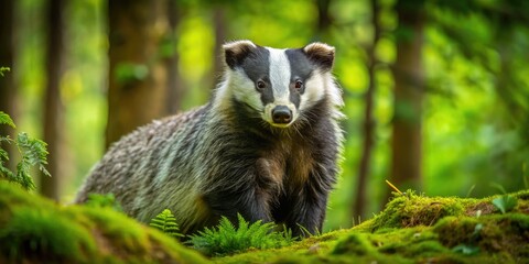 Large, powerful male European badger stands alert, showcasing distinctive white stripes on its face, amidst a lush, green forest undergrowth, with earthy tones surrounding.