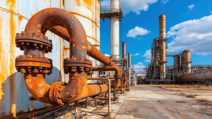 Empty oil refinery with rusting pipes and crumbling storage tanks, left to decay   abandoned refinery, industrial ruin