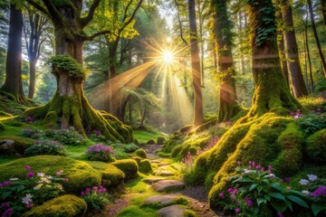 Obraz premium Luminous sunlight filters through verdant foliage, illuminating ancient trees, moss-covered stones, and delicate wildflowers in a whimsical, enchanted forest evoking mystical, otherworldly magic.