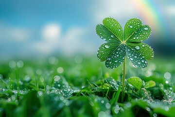 A green leaf with four points and a rainbow in the background