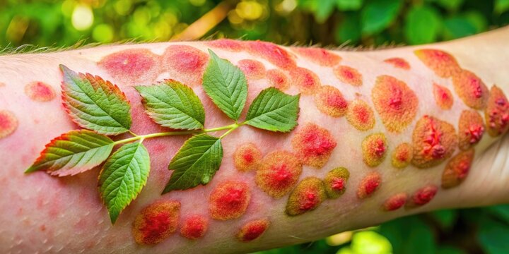 Close-up of poison ivy rash on skin, showing red welts and irritation caused by urushiol exposure
