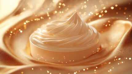 A refined 3D image of body cream, surrounded by gentle flowing waves and luminous light accents, creating a luxurious feel