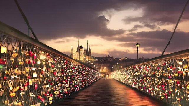 A beautiful sunset illuminates a romantic bridge adorned with countless colorful locks, symbolizing love and commitment against a historic city backdrop
