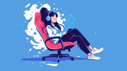 Streamer girl sitting in a gaming chair, minimalist flat art style, bright colors and simple shapes representing a gaming scene.