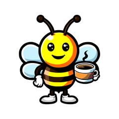 a drawing of a bee holding a cup of coffee