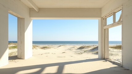 Forgotten beach house with broken windows and sand slowly overtaking the interior   abandoned beach house, nature reclaiming