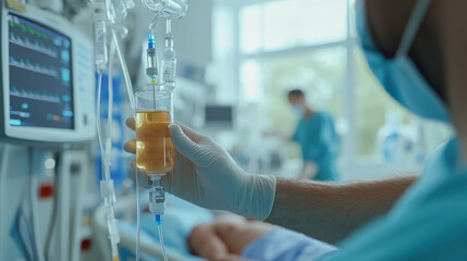 Close-up of doctor's hand holding IV bag in modern hospital room