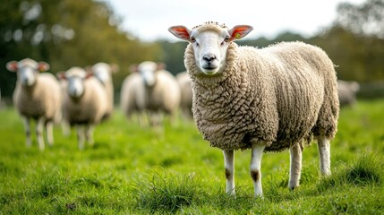 Obraz premium Sheep grazing in a field, with a focus on the woolly texture of their coats.
