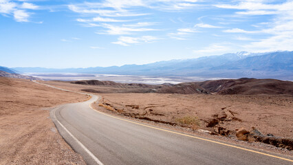 Badwater Basin Panorama seen from Artist Drive in Death Valley National Park 