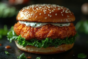 A burger with lettuce and mayonnaise on top