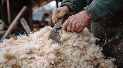 A sheep being sheared, with emphasis on the wool being collected.