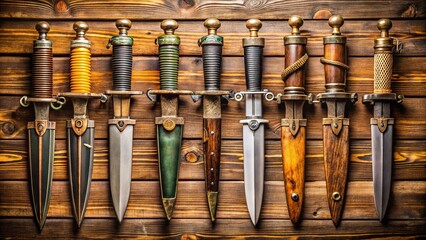 Obraz premium Historical Collection of World War 2 German Daggers Displayed on Vintage Wooden Background