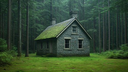 Fototapeta premium Moss-covered stone cottage in the middle of a dark, eerie forest, long abandoned and forgotten forest cottage, eerie solitude
