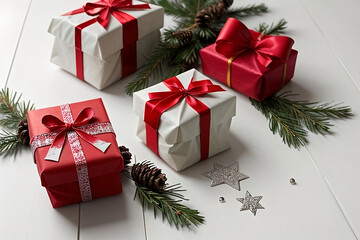  four wrapped gift boxes of varying sizes, with three predominantly white and one in red. Each box is adorned with a red ribbon and bow. The gifts are arranged on a surface alongside green pine branch