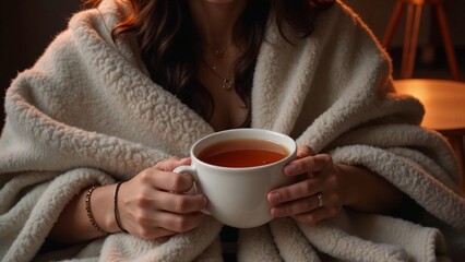  woman wrapped in a Cozy blanket holding a warm cup of tea in a comfortable setting
