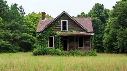 Obraz premium Old, decaying wooden house with vines crawling up the walls, left to rot in the forest overgrown house, nature reclaiming