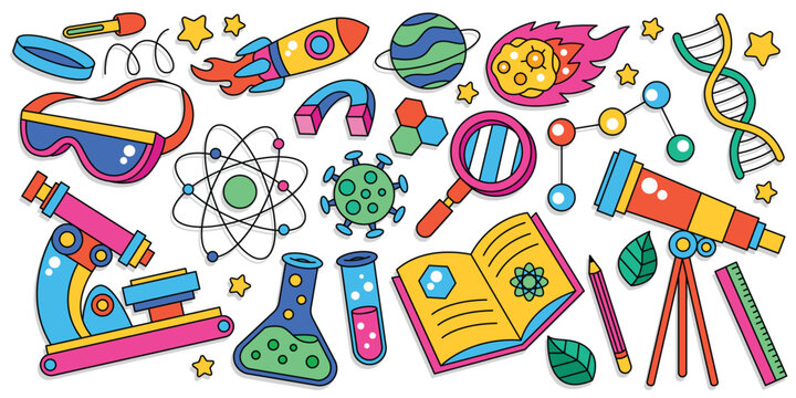 hand drawn science and chemistry doodle elements objects and symbols, flat vector illustration