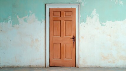 Fototapeta premium Old, locked door in a decaying house, with faded paint and rusted hinges, hiding forgotten secrets locked door, mystery and decay