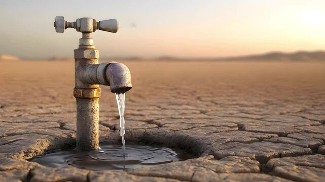 A rusty faucet drips water into a cracked dry landscape under a warm sunset sky illustrating the theme of water scarcity and environmental challenges