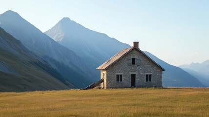 Obraz premium Old stone house with crumbling walls and a fallen chimney, sitting in a remote mountain range mountain house, abandoned ruin