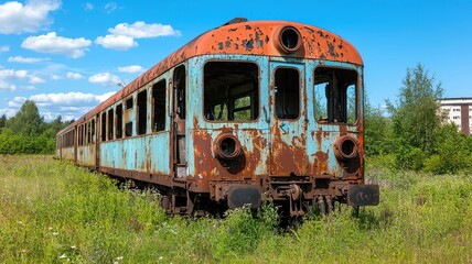 Obraz premium Old train carriage rusting away in a field, left to the elements and overgrown with weeds abandoned train, forgotten transportation