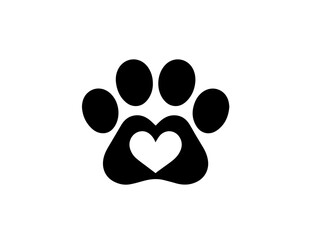 Black love paw print with dog silhouette Dog paw isolated on white love icon vector illustration clip art isolated on white background.