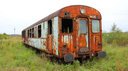 Fototapeta premium Old train carriage rusting away in a field, left to the elements and overgrown with weeds abandoned train, forgotten transportation