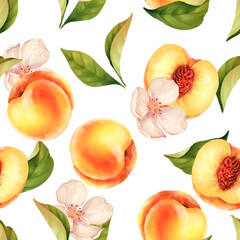Seamless peach pattern with tropic fruits, leaves, flowers background.