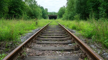 Obraz premium Overgrown train tracks leading to a broken-down train station, overtaken by nature abandoned tracks, nature reclaiming