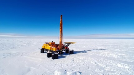 Drilling rig in a remote arctic location, snow-covered landscape surrounding the platform, crisp and clear winter sky, powerful machinery at work in harsh conditions