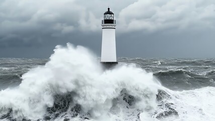 Powerful ocean waves crashing against a lighthouse during a storm, showing the unstoppable force of water, stormy seas, lighthouse resilience