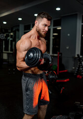 Man performing strength training in a modern gym. A muscular man lifts dumbbells while exercising in a well-equipped gym during a late afternoon workout session.