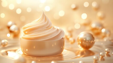 An abstract 3D swirl of rich body cream in a sleek container, surrounded by glowing orbs and soft golden accents