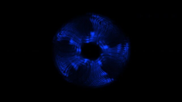A movable toroid of spiraling blue curved lines. Abstract animation.