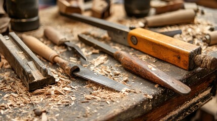 A close-up of woodworking tools in action, showcasing saws, chisels, and planes.