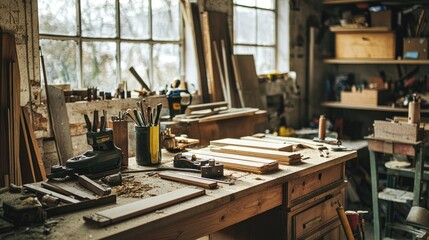 A woodworking workspace with various materials, including wood planks, tools, and a workbench.