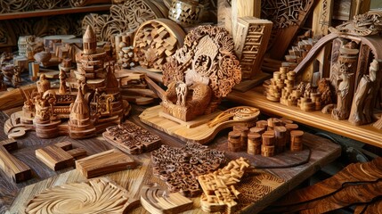 An artistically arranged collection of woodworking creations, displaying intricate designs and craftsmanship.