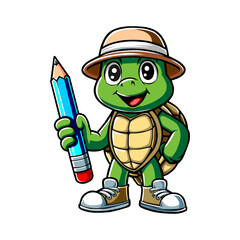a turtle with a pencil and a hat on it