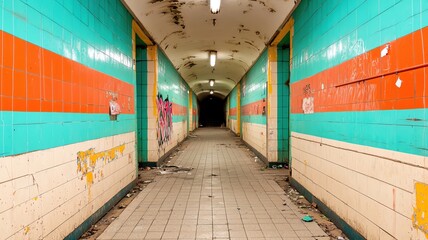 Fototapeta premium Vacant subway station with flickering lights and graffiti-covered walls, left behind by commuters abandoned subway, urban decay
