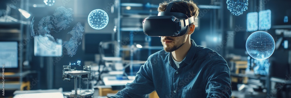 Fototapete virtual reality designer works in a modern studio filled with floating 3d objects while wearing a vr