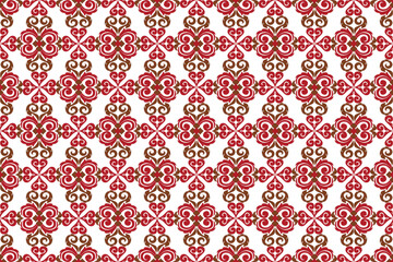  The image displays a red and white symmetrical design that resembles a pattern of interwoven lines and shapes.