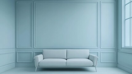 Mock up frame in a bare room with pale blue walls and a modern light grey sofa, 3D render 7fb83df2620f