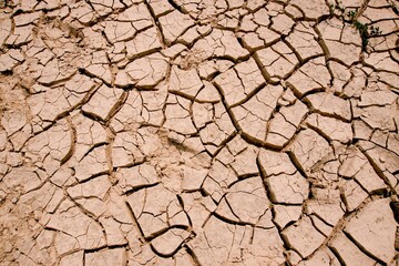 A beautiful texture of a clay floor is cracked because of the extreme hot weather
