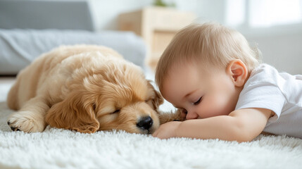 
Baby and puppy lying on a fluffy rug together, cozy bonding,