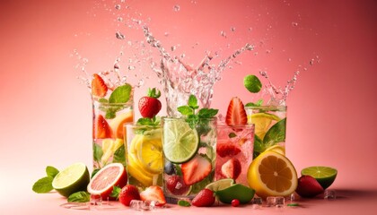 Colorful fruit-infused water splashing in glasses with strawberries, lemons, limes, kiwis, and mint leaves on a pink background.