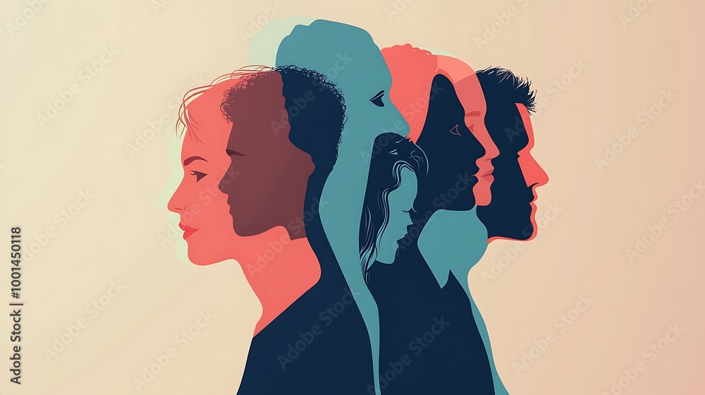 Poster A diverse group of people stand side by side in profile, showcasing unity and inclusion.