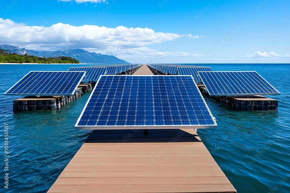 Poster digital 3d floating solar farm, where solar panels hover over the surface of a calm, virtual ocean, 