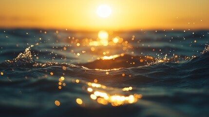 Glittery golden sea water during sunset or sunrise, texture of glitter water and soft waves. sparkling in water background